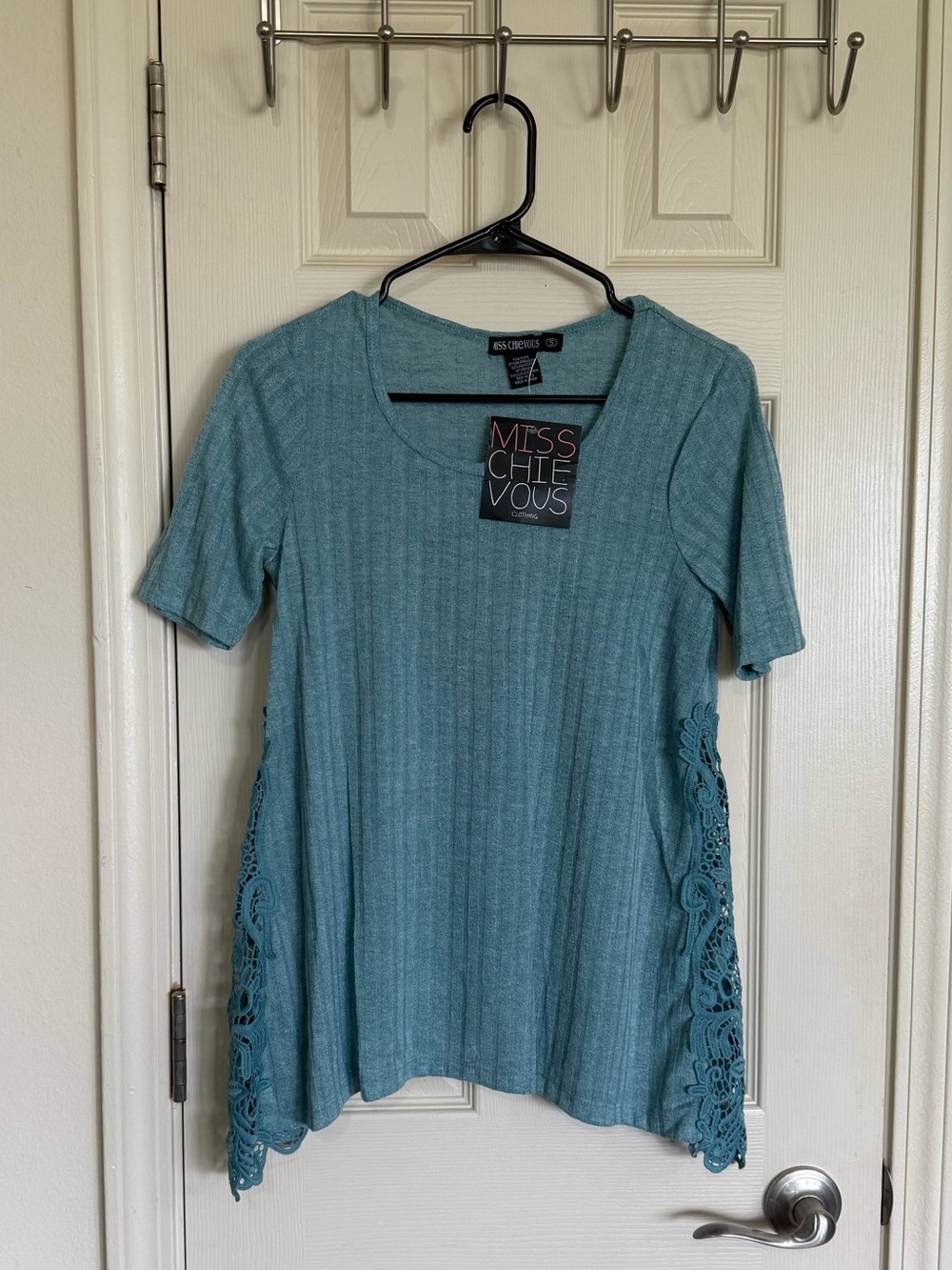 Miss Chievous Teal Ribbed Short Sleeve Top with Lace Side Panels